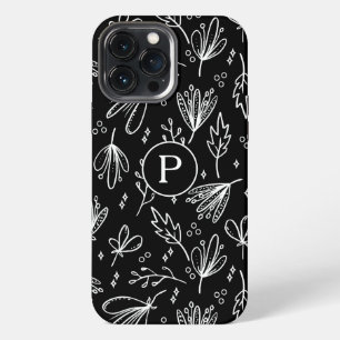 Monogram Modern Black White Floral Pattern iPhone 13 Pro Max Case