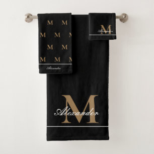 Monogram Modern Black White Gold Elegant Bath Tow Bath Towel Set