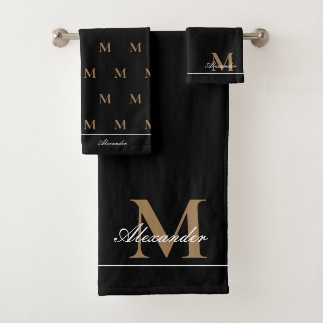 Monogram Modern Black White Gold Elegant  Bath Tow Bath Towel Set (Insitu)