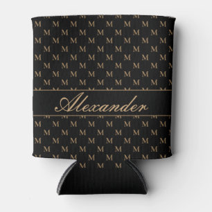 Monogram Modern Black White Gold Elegant Can Cooler