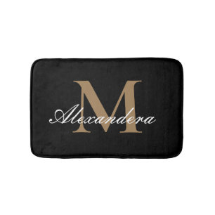 Monogram Modern Black White Gold Elegant  Script  Bath Mat