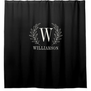 Monogram Modern Black White Laurel Wreath Shower Curtain