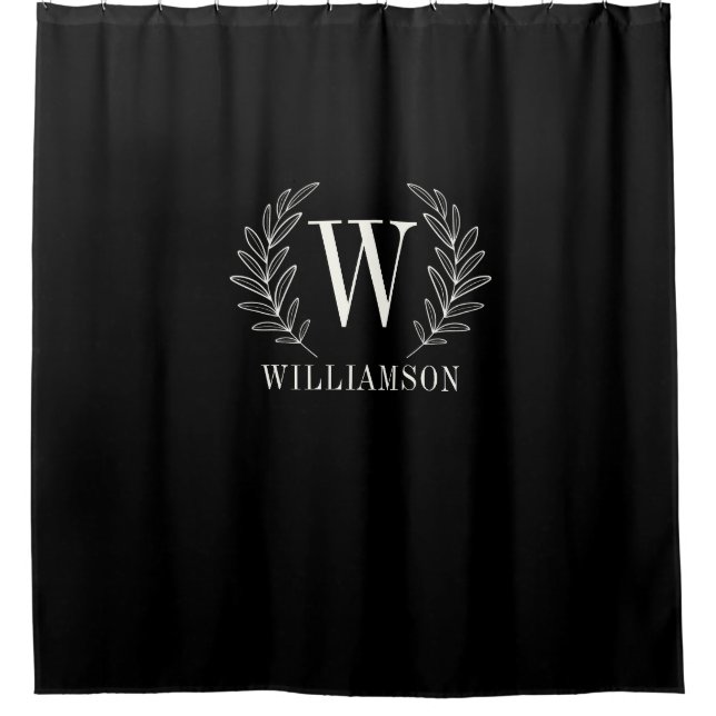 Monogram Modern Black White Laurel Wreath Shower Curtain (Front)