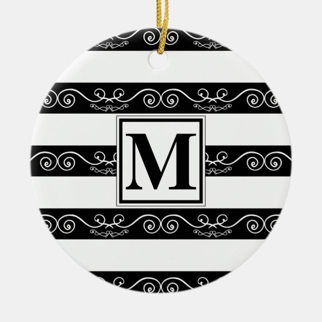 Monogram modern Black White striped Ceramic Ornament (Front)