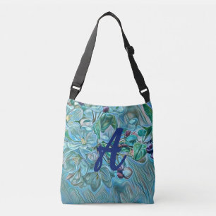 Monogram Modern Blue Cherry Blossom Watercolor Crossbody Bag