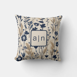 Monogram Modern Blue Floral Cushion