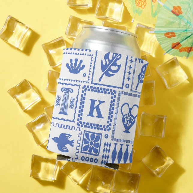 Monogram Modern Blue White Abstract Pattern Can Cooler (In Situ Summer)