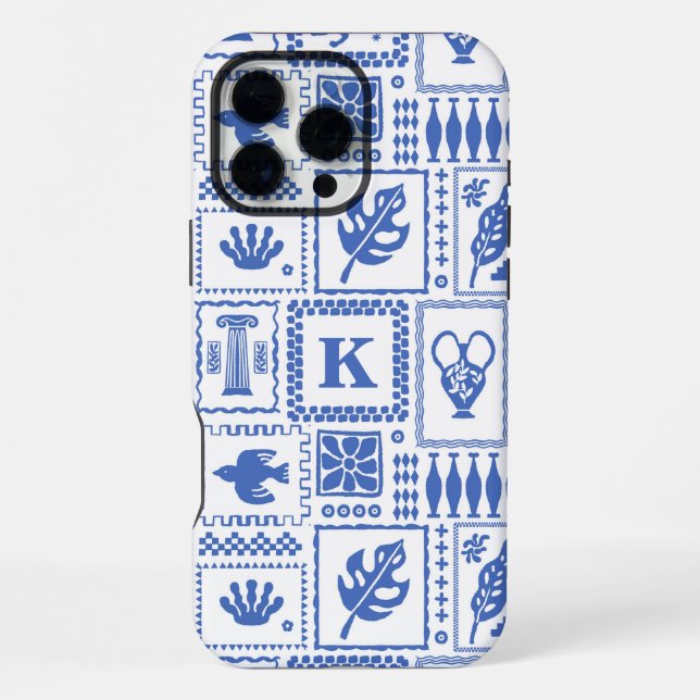 Monogram Modern Blue White Abstract Pattern iPhone Case (Back)