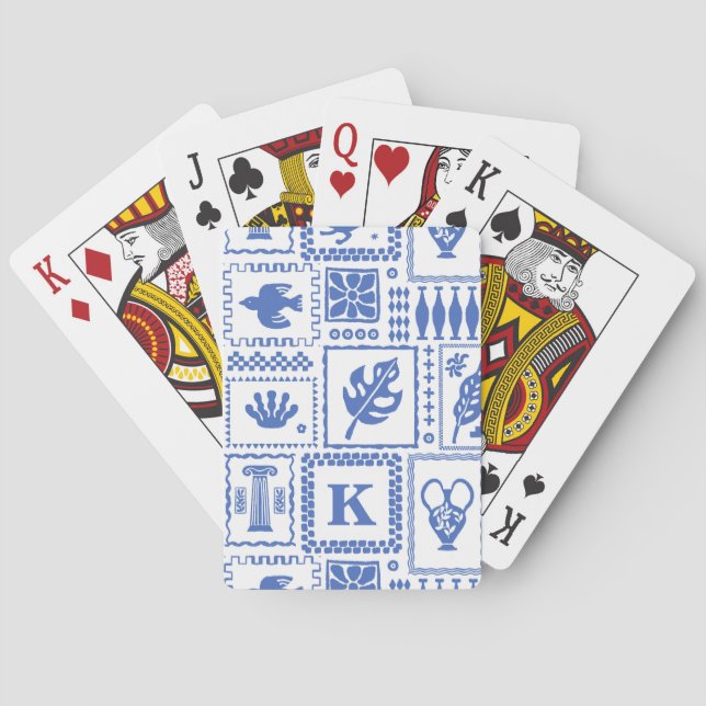 Monogram Modern Blue White Abstract Pattern Playing Cards (Back)