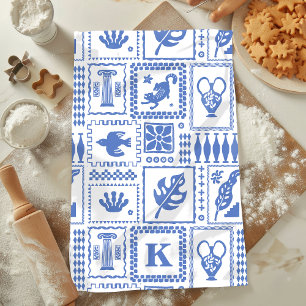 Monogram Modern Blue White Abstract Pattern Tea Towel