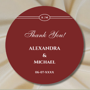 Monogram Modern Burgundy Wedding Thank You Classic Round Sticker