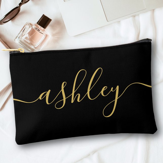 Monogram Modern Calligraphy Black Gold Script Accessory Pouch (Creator Uploaded)