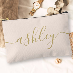 Monogram Modern Calligraphy Blush Pink Gold Script Accessory Pouch