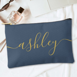 Monogram Modern Calligraphy Navy Blue Gold Script Accessory Pouch