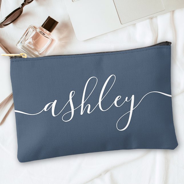 Monogram Modern Calligraphy Navy Blue White Script Accessory Pouch (Creator Uploaded)