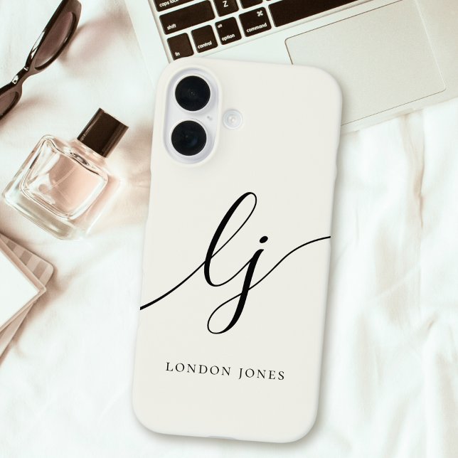 Monogram Modern Calligraphy Script Ivory White iPhone 16 Case (Creator Uploaded)