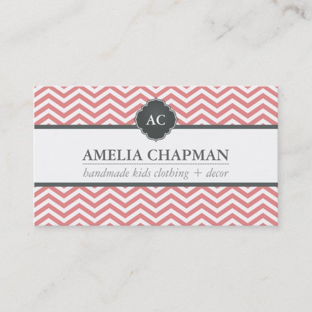 MONOGRAM modern chevron pattern coral pink grey Business Card (Front)