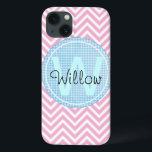 Monogram Modern Chevron Pattern Geometric Art Name iPhone 13 Case<br><div class="desc">Pink And White Chevron Pattern Modern Abstract Art
 Put your monogram or initials on this beautiful trendy pink chevron pattern! Also makes a great gift.
  A modern abstract,  cute zigzag pattern with a trendy touch of retro flair.
 Artistic cute elegant geometrical vintage retro girly design.</div>