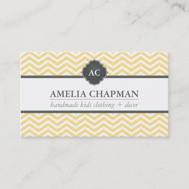 MONOGRAM modern chevron pattern pale yellow grey Business Card (Front)