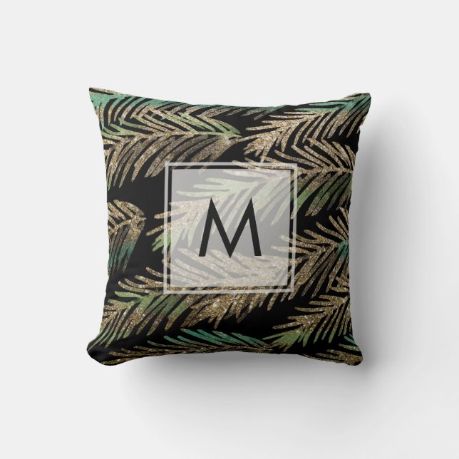Monogram Modern Christmas Tree Leaves Throw Pillow (Front)