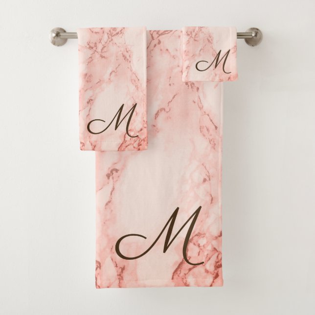 Monogram Modern Classy Faux Rose Pink Marble Bath Towel Set (Insitu)