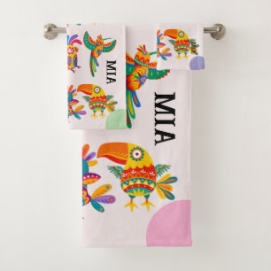 Monogram modern colorful birds pink green blue bath towel set
