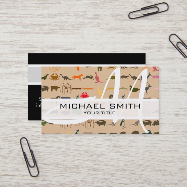 Monogram Modern Colourful Animals Pattern #2 Business Card (Front/Back In Situ)