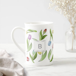 Monogram Modern Colourful Tulip Floral Pattern Bone China Mug