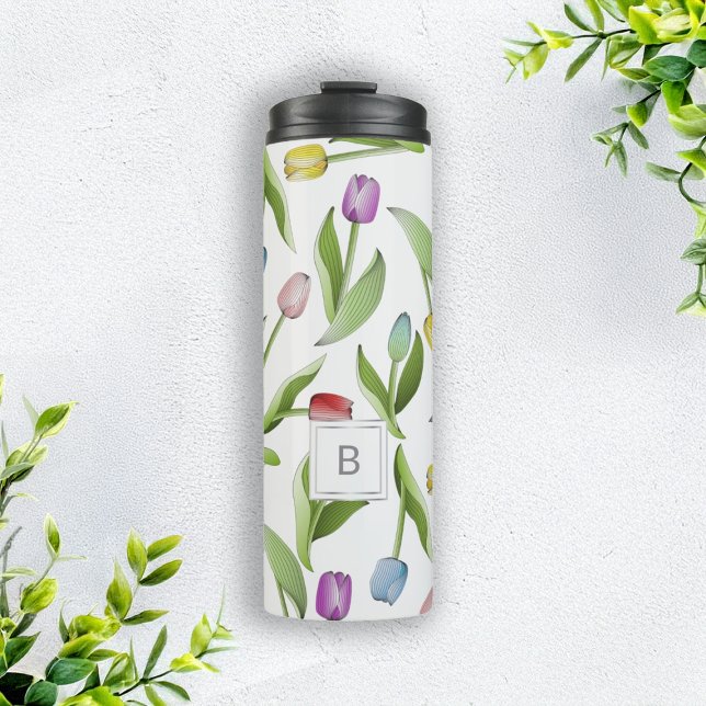 Monogram Modern Colourful Tulip Floral Pattern Thermal Tumbler (Creator Uploaded)