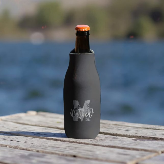 Monogram Modern Cool Grunge Add Your Name Bottle Cooler (Creator Uploaded)