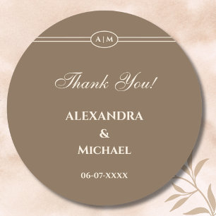 Monogram Modern Cream Brown Wedding Thank You Classic Round Sticker