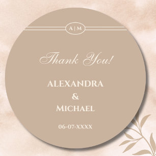 Monogram Modern Cream Taupe Wedding Thank You Classic Round Sticker