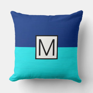 Monogram Modern Cyan and Dark Blue Elegant Cushion