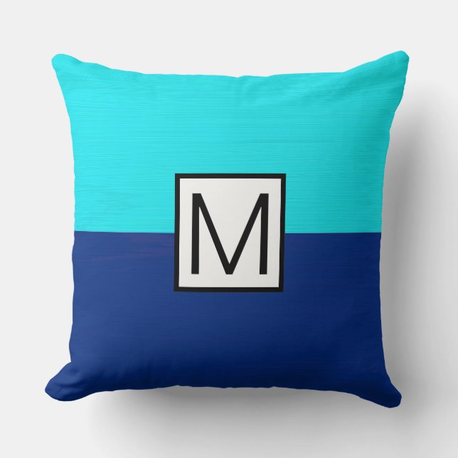 Monogram Modern Dark Blue and Cyan Elegant Cushion (Front)