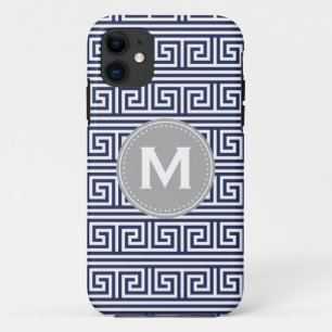Monogram Modern Dark Blue Greek Key Pattern iPhone 11 Case