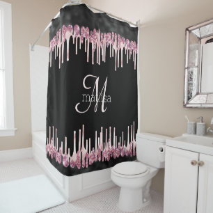 Monogram Modern Dripping Glitter Black & Pink  Shower Curtain