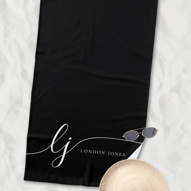 Monogram Modern Elegant Black Script Initials Beach Towel (Creator Uploaded)