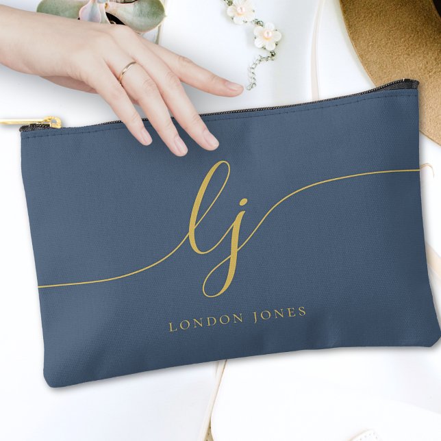 Monogram Modern Elegant Calligraphy Navy Gold Accessory Pouch (Creator Uploaded)