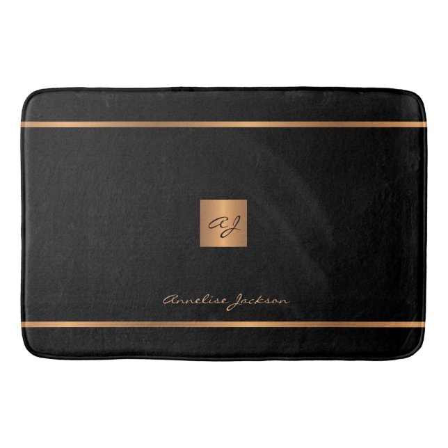 Monogram modern elegant glitter black and gold bath mat (Front)