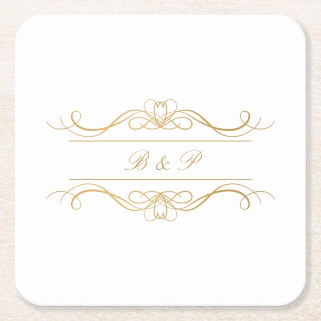 Monogram Modern Elegant Gold Swirl Wedding Square Paper Coaster (Front)