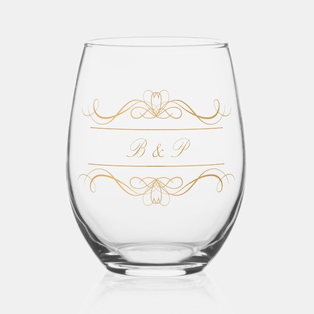 Monogram Modern Elegant Gold Swirl Wedding Stemless Wine Glass (Front)