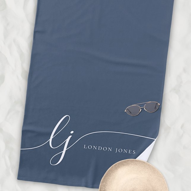 Monogram Modern Elegant Navy White Script Initials Beach Towel (Creator Uploaded)