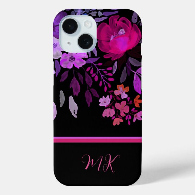 Monogram Modern Elegant Pink Purple Floral  Case-Mate iPhone Case (Back)