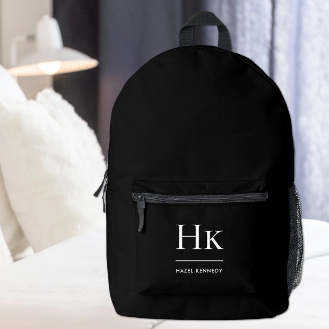 Monogram Modern Elegant Typographic Black Printed Backpack (Creator Uploaded)