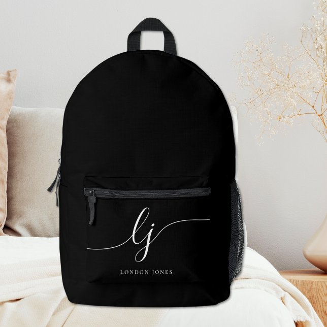 Monogram Modern Elegant Typographic Monogram Black Printed Backpack (Creator Uploaded)