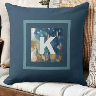 Monogram modern farmhouse blue teal watercolor cushion