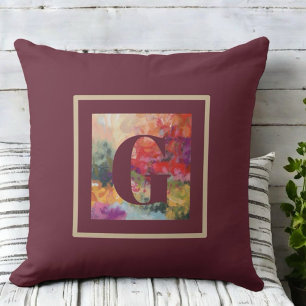 Monogram modern farmhouse burgundy watercolor  cushion