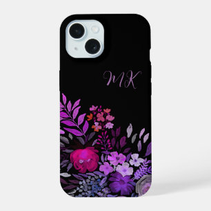 Monogram Modern Feminine Purple Pink Floral Black iPhone 15 Case