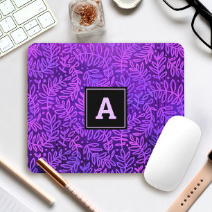 Monogram modern foliage leaves pattern purple mouse pad