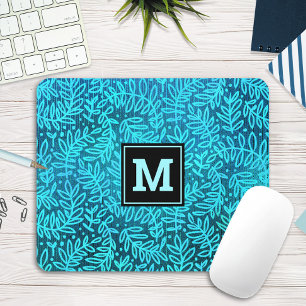 Monogram modern foliage leaves pattern turquoise mouse pad